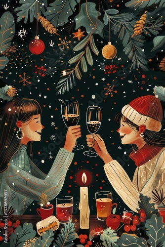 Cozy holiday atmosphere with candles, warm drinks, wreaths, and gift exchanges