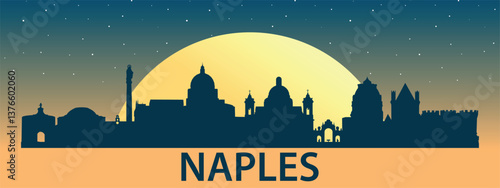 Black silhouette of the city of Naples against the background of the Big Yellow Moon and starry sky