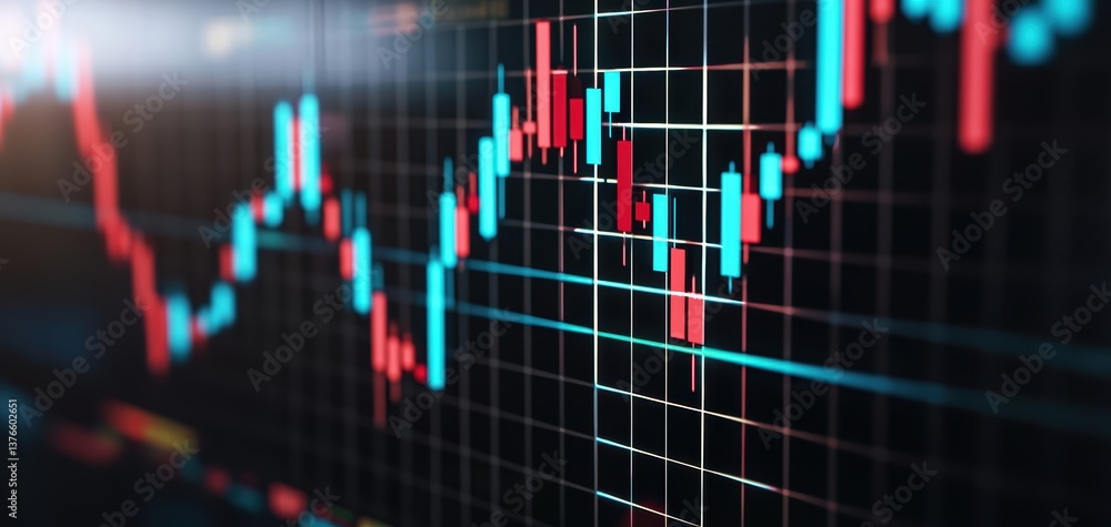 Futuristic stock market interface, 3D holographic graphs and candlesticks floating above digital grid background, financial tech concept, 3D illustration Futuristic stock market interface, 3D holographic graphs and candlesticks floating above digital grid background, financial tech concept, 3D illustration