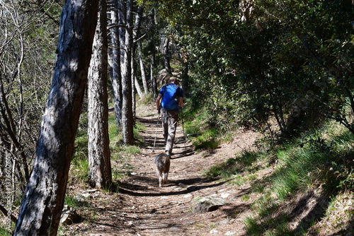 Mann und sein Lagotto Romagnolo Hund wandern bei Tignale oberhalb vom Gardasee