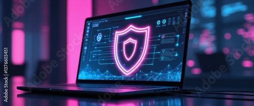 futuristic glowing laptop with shield screen protection