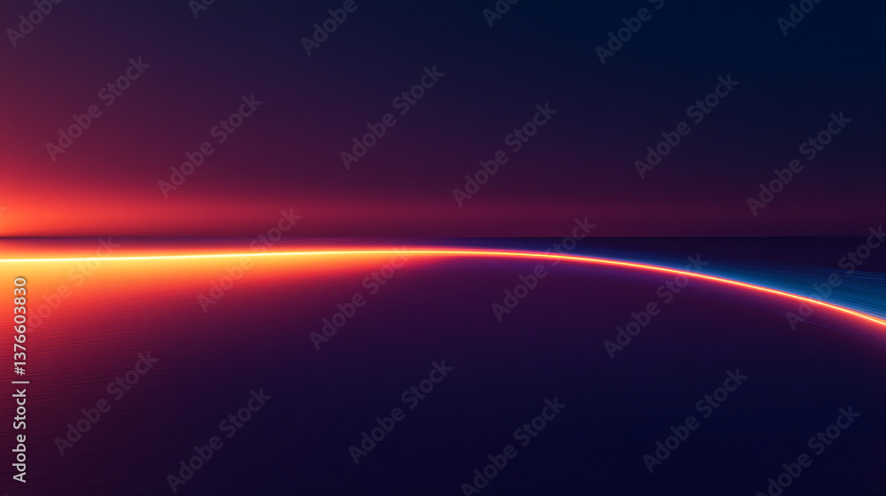 Abstract image of a curved line of light, orange and blue hues on dark purple background, suggesting a horizon or futuristic landscape, ideal for design projects Abstract image of a curved line of light, orange and blue hues on dark purple background, suggesting a horizon or futuristic landscape, ideal for design projects