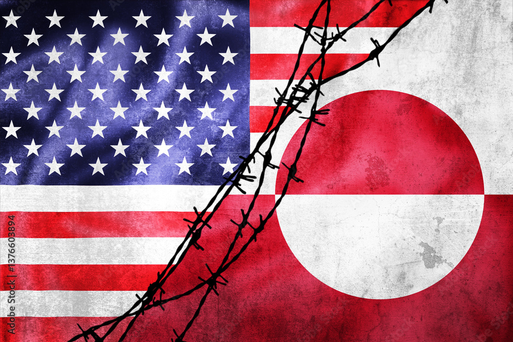 Grunge flags of USA and Greenland divided by barb wire illustration
