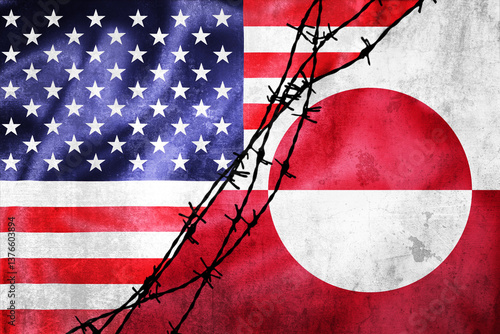 Obraz na płótnie Grunge flags of USA and Greenland divided by barb wire illustration w salonie