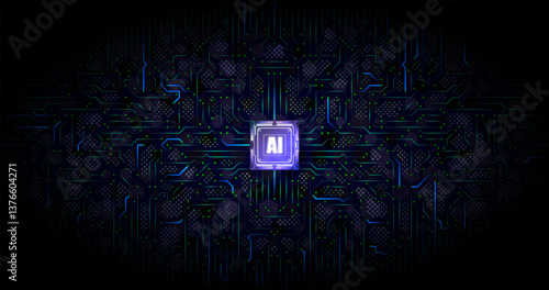 The central microchip with the inscription is surrounded by glowing conductors, creating a cyber-tech style. The dark background and neon lighting emphasize the effect of the motherboard of the future