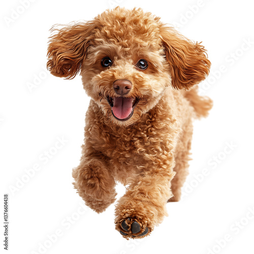 Fluffy Poodle Prancing Forward with Tongue Out Isolated on Transparent Background
