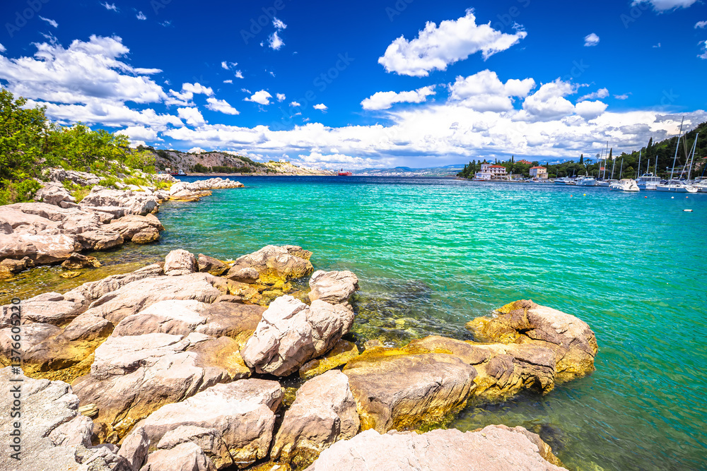 Croatia. Island of Krk stone beach in Omisalj view