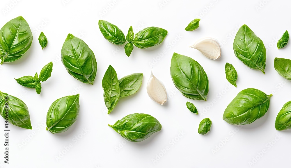 Fresh basil and garlic, culinary herbs Fresh basil and garlic, culinary herbs