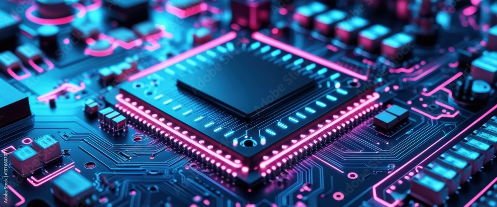 futuristic computer motherboard close-up with cpu chip - technology concept futuristic computer motherboard close-up with cpu chip - technology concept