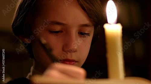 Wallpaper Mural A White child focused on writing with a pen, illuminated by warm candlelight in an inviting indoor space Torontodigital.ca