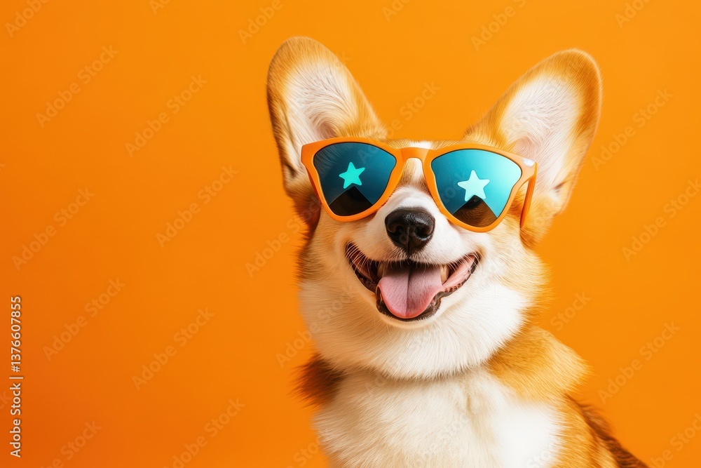 Fototapeta premium Happy Corgi Wearing Sunglasses Smiling Against A Bright Orange Background