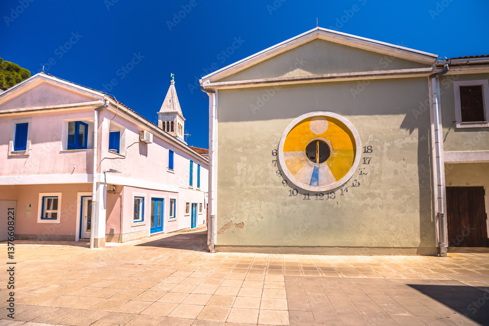 Croatia. Novigrad Istarski colorful square architecture view, solar clock