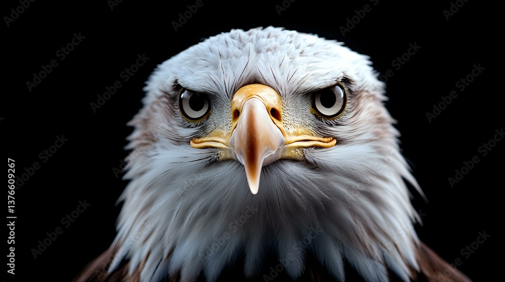 Obraz premium Majestic bald eagle head close-up portrait against black background showing intense gaze, sharp beak, and detailed white feathers. Powerful wildlife photography.