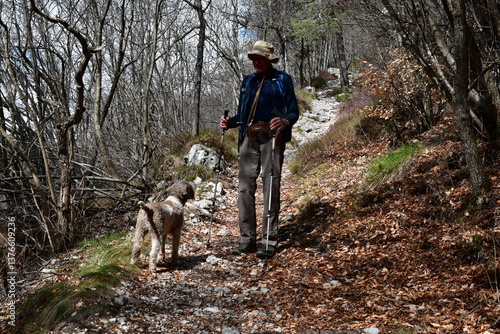 Mann und sein Lagotto Romagnolo Hund wandern im Trentino