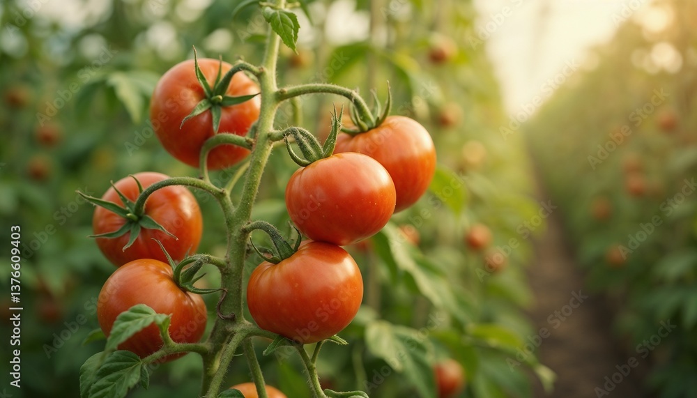 Fresh Red Tomatoes Growing in a Lush Green Greenhouse Fresh Red Tomatoes Growing in a Lush Green Greenhouse