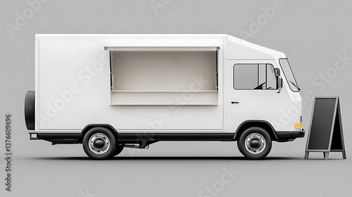 Food truck in white with open window and blank sign on gray  
