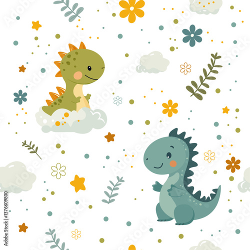 Seamless vector pattern with cute cartoon dinosaurs, clouds, flowers, and leaves on a white background. Perfect for children’s textiles, wallpapers, wrapping paper, and baby-themed designs.