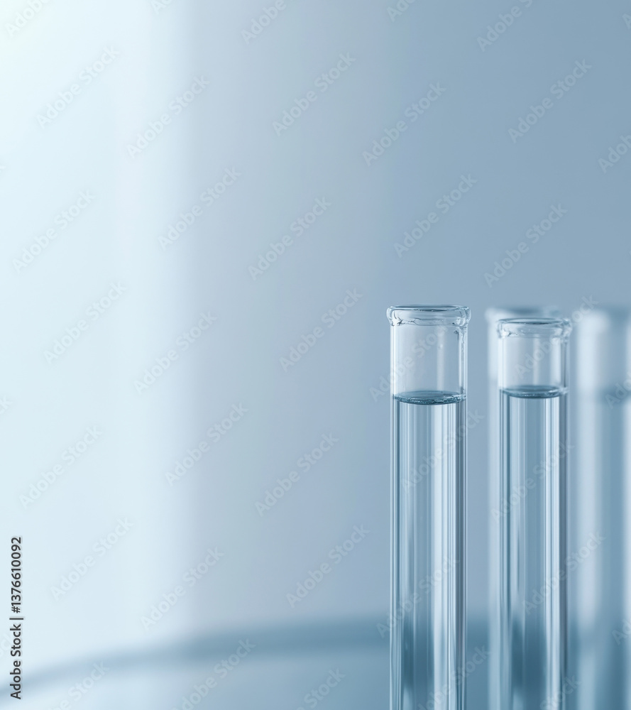 A close-up of transparent test tubes filled with clear liquid against a cool blue background, evoking themes of science, precision, and modern laboratory research A close-up of transparent test tubes filled with clear liquid against a cool blue background, evoking themes of science, precision, and modern laboratory research