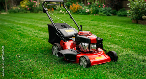 Lawn mower on well-manicured green grass in a bright garden  