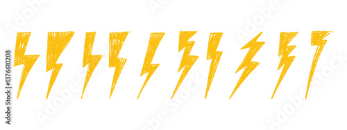Yellow Hand-drawn lightning bolt with electric flash, thunder energy icon in doodle sketch style, glowing light symbol. Flat vector illustration isolated on white background.