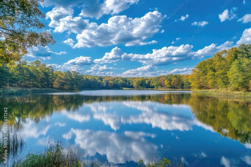 Fototapeta premium Serene Reflections: Tranquil Pennsylvania Lake with Trees and Fluffy Clouds Under a Blue Sky