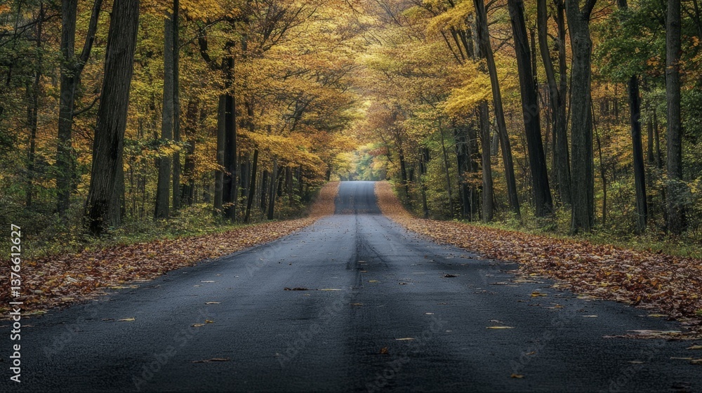 Fototapeta premium Autumn Road Through Dense Forest with Trees Displaying Vivid Yellow and Orange Fall Colors