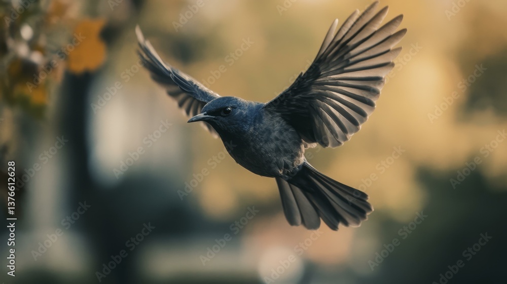 Obraz premium Blue bird in mid-flight with wings spread gracefully, natural background colors.