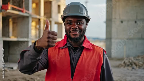 African American construction worker in a gray hard hat and vest shows a thumb up, standing among the brick walls of the house.