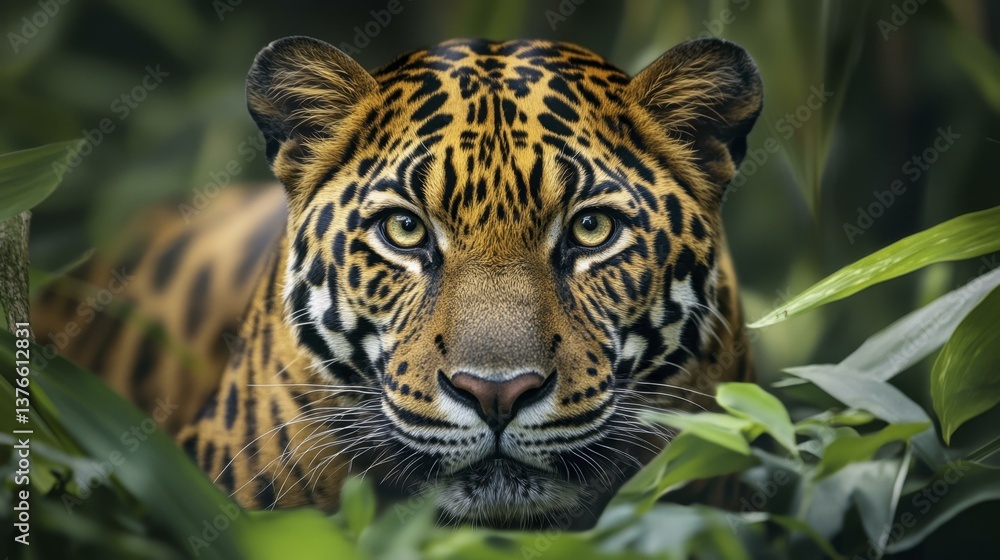 Striking Jaguar Portrait: Intense Gaze Surrounded by Lush Greenery in Natural Habitat Striking Jaguar Portrait: Intense Gaze Surrounded by Lush Greenery in Natural Habitat