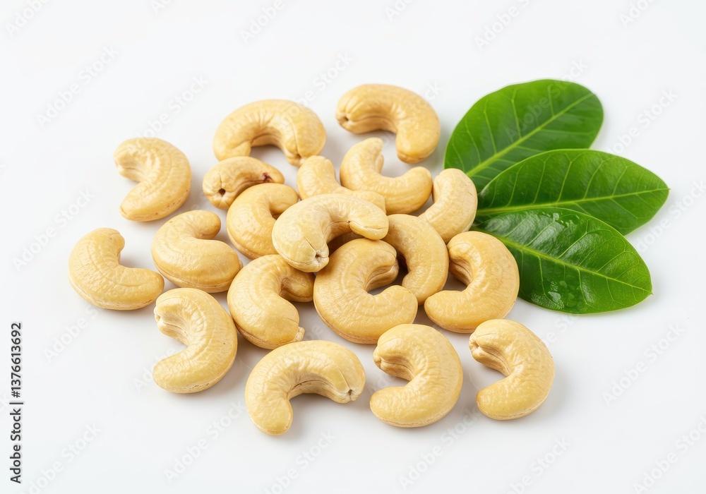 A group of raw cashew nuts scattered on a white surface with a few glossy green cashew leaves for decoration A group of raw cashew nuts scattered on a white surface with a few glossy green cashew leaves for decoration