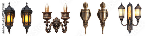 Set of wall Sconces front view full length isolated on transparent background