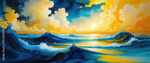 serene sunset painting of waves and clouds over the sea