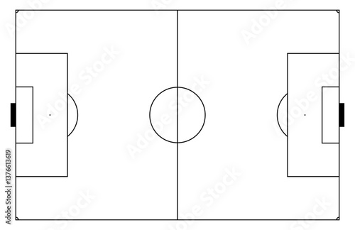 Top-view soccer field with coach tactics. Play plan diagram and pitch line markings. Flat vector illustration isolated on white background.