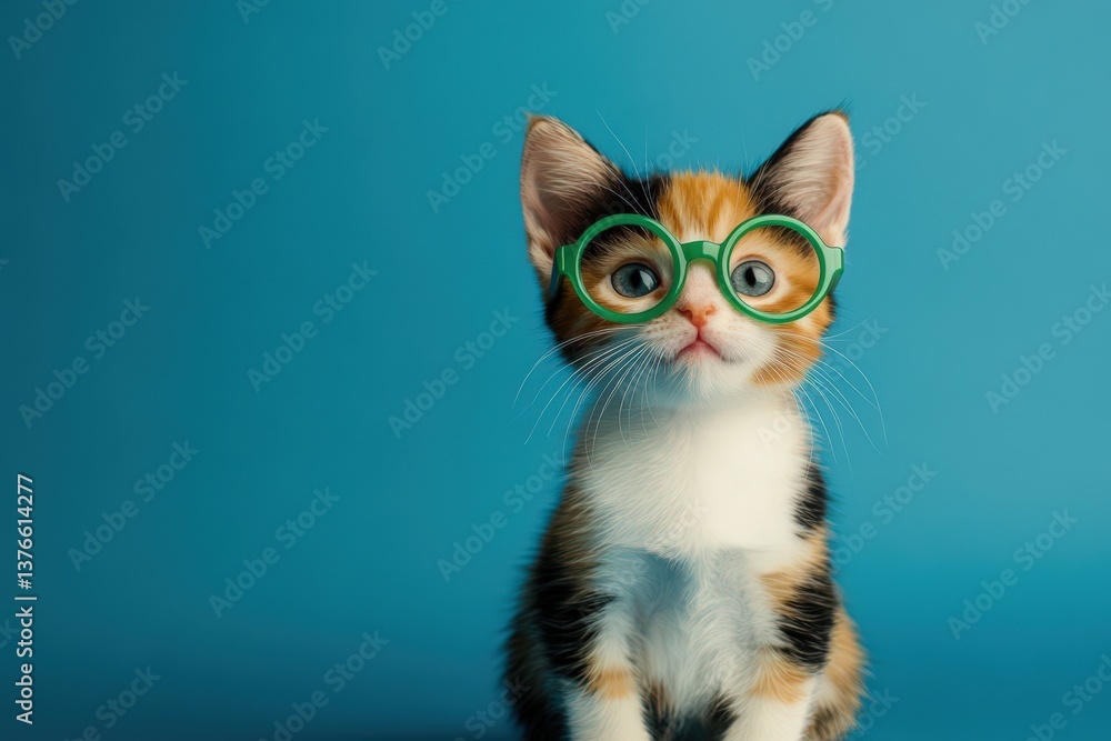 Fototapeta premium Adorable calico kitten wears small green glasses on its face