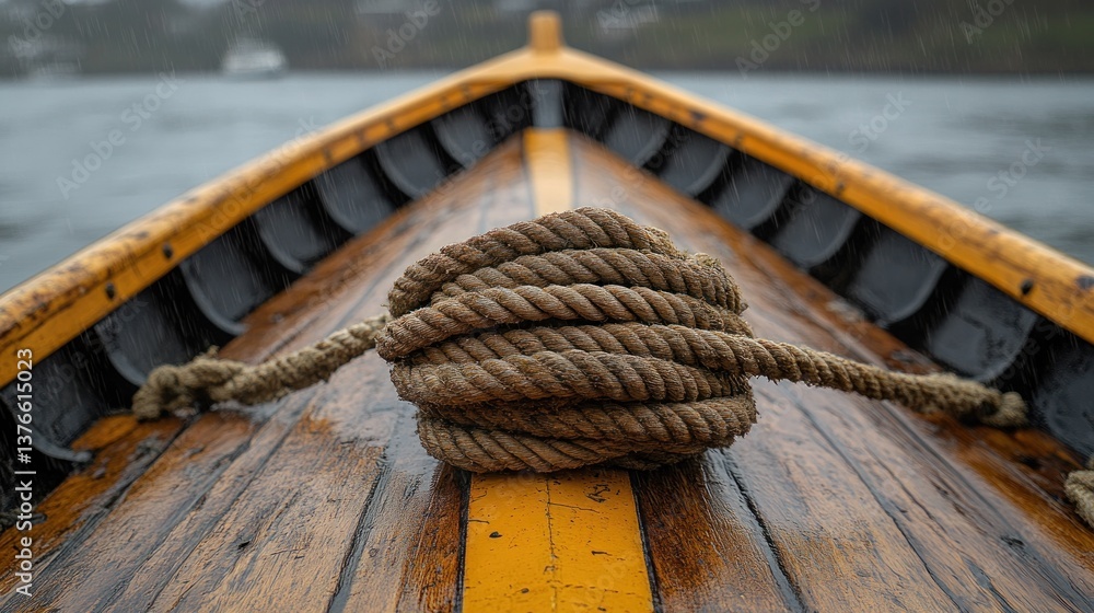 Fototapeta premium Close-up of a coiled rope on a wooden boat deck in rainy weather.