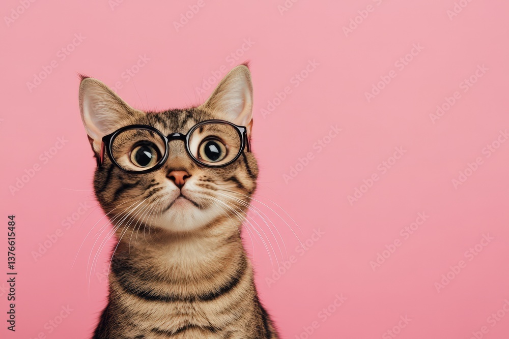 A brown tabby cat wearing glasses in front of pink backdrop A brown tabby cat wearing glasses in front of pink backdrop