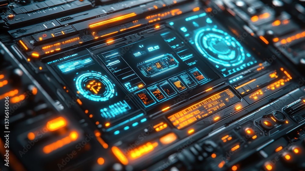 Obraz premium Futuristic digital interface with glowing orange and blue HUD elements.