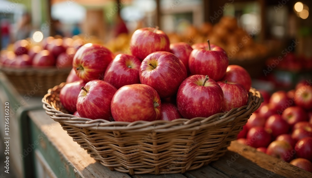 Fresh red apples in a wicker basket at a market stall Fresh red apples in a wicker basket at a market stall
