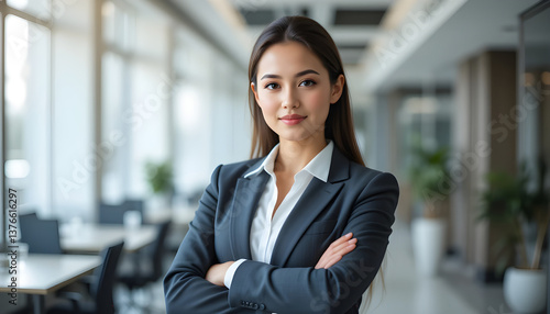 A confident Asian businesswoman in a professional suit stands with arms crossed, posing for a headshot in a modern office environment Free Download A confident Asian businesswoman in a professional suit stands with arms crossed, posing for a headshot in a modern office environment - GFXLoad