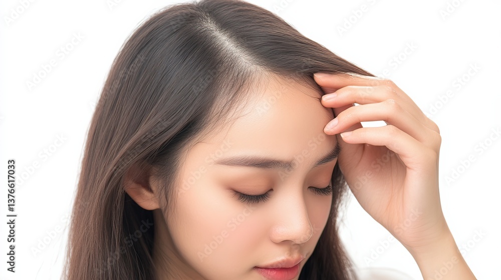 Serene portrait of young woman touching hair in a calm studio environment Serene portrait of young woman touching hair in a calm studio environment