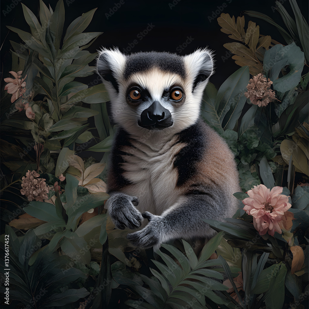 Fototapeta premium Portrait of lemur amidst lush foliage