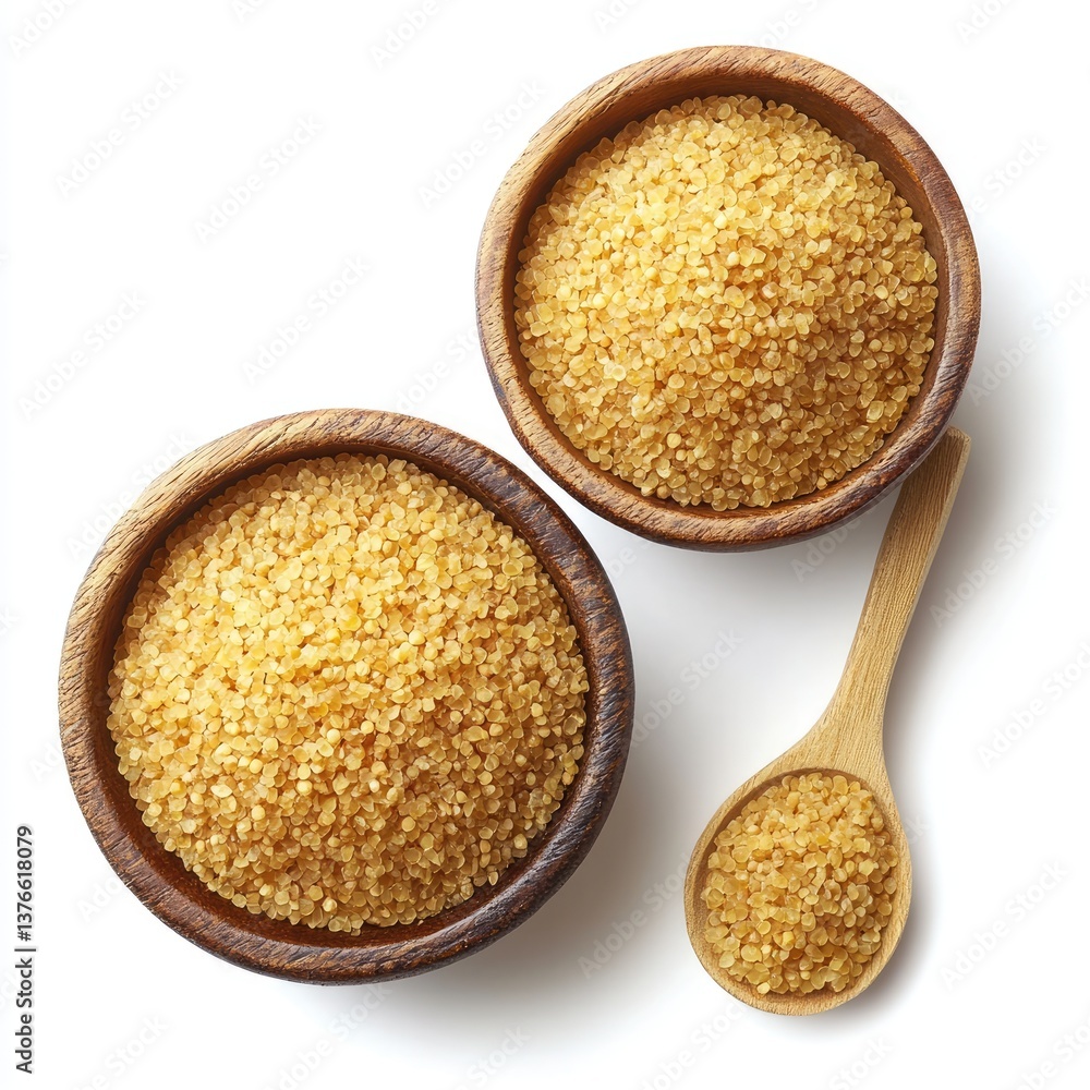 Organic brown buckwheat grain and white sesame seed heaps in wooden bowls, isolated raw food ingredients Organic brown buckwheat grain and white sesame seed heaps in wooden bowls, isolated raw food ingredients