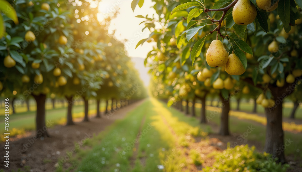Fototapeta premium Lush pear orchard with golden fruits at sunset
