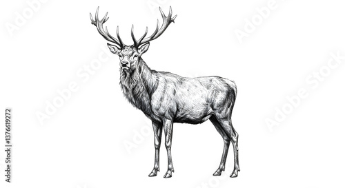 Stag Standing Tall Illustration Black and White Vintage Wildlife Art