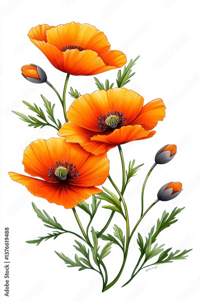 Fototapeta premium Vibrant Orange Poppies on White Background
