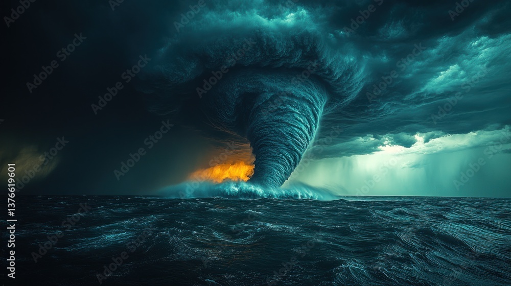 Powerful waterspout vortex over stormy ocean. Powerful waterspout vortex over stormy ocean.