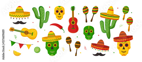 Cinco de Mayo party, mexican fiesta decoration icon. Guitar and sombrero, cactus and maraca, garland pepper, skull, mustache. Mexico, latino, spanish holiday sticker set. Cartoon vector illustration