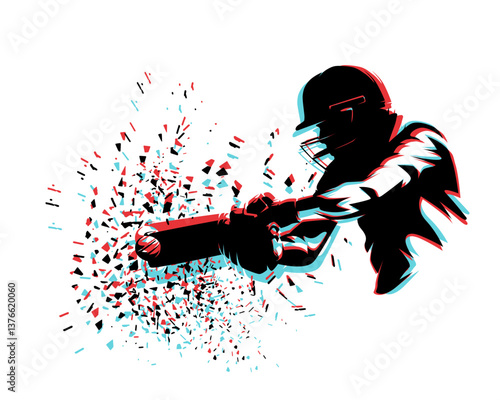 Cricket player, glitch effect, batter hitting ball, isolated vector silhouette with distortion effect. Sports clipart