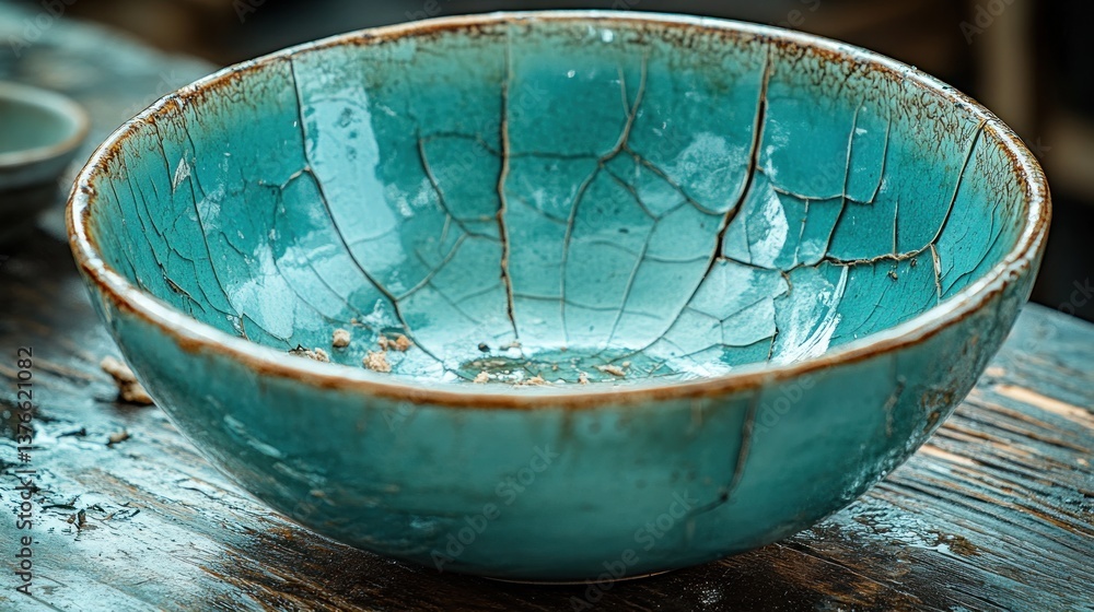 Fototapeta premium Cracked teal ceramic bowl on wooden surface.
