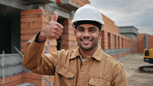 A construction worker in a white hard hat shows a thumb up, standing among the brick walls of a house. The smile reflects satisfaction with the progress of a construction project.